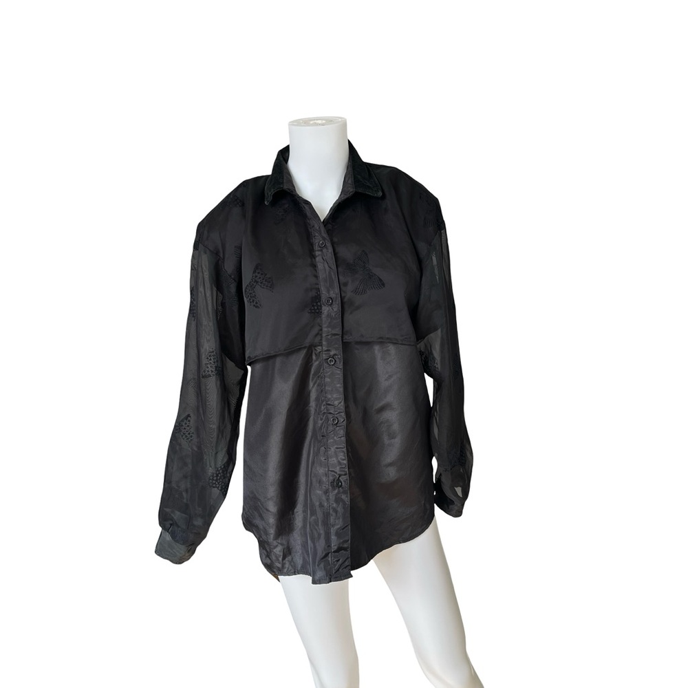 Vintage Roper Black blouse Button Up Long Sleeve Sheer Sleeves Bows Size Medium - Picture 13 of 13